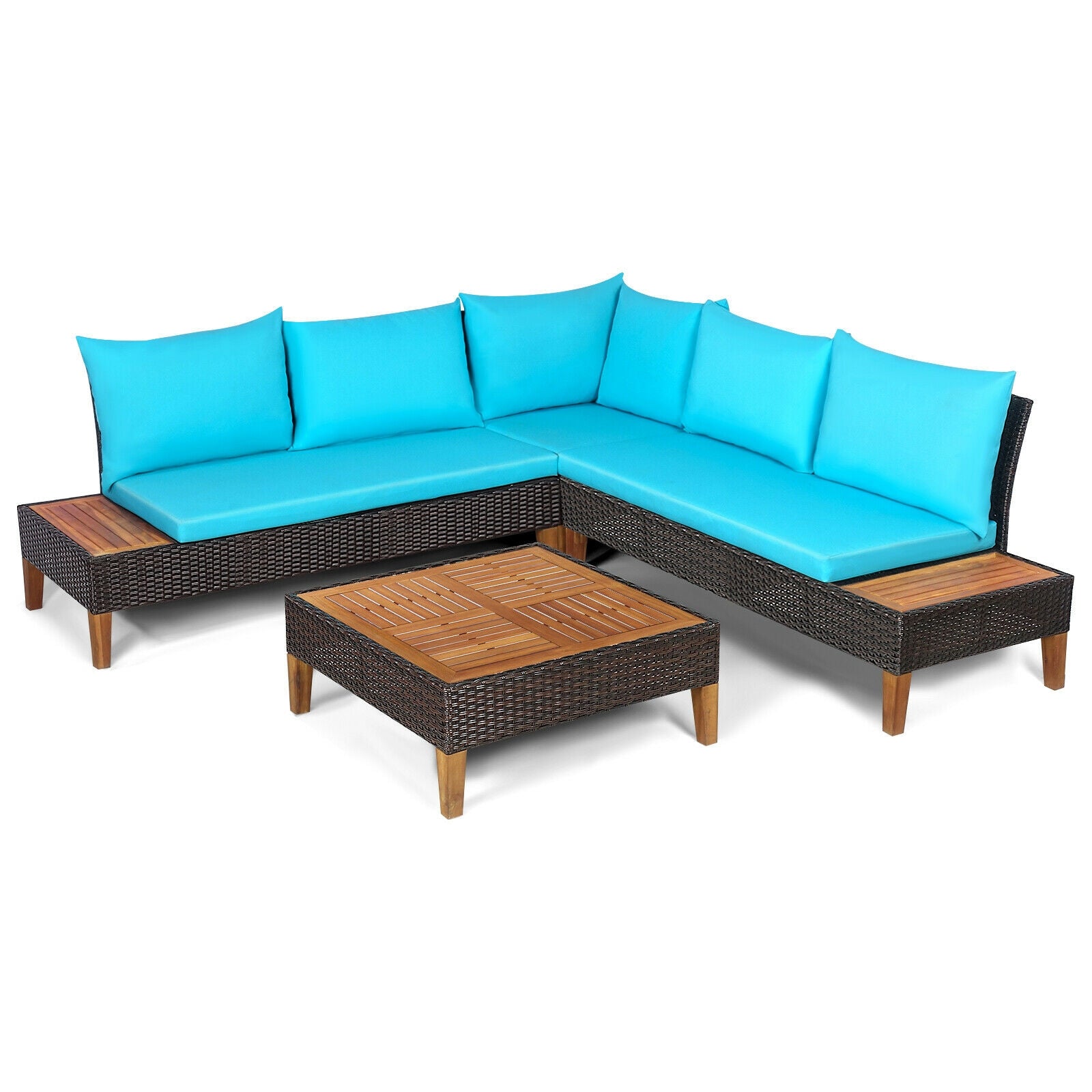 4 Piece Patio Rattan Furniture Set, Wooden Side Table, Turquoise Outdoor Sectionals at Gallery Canada