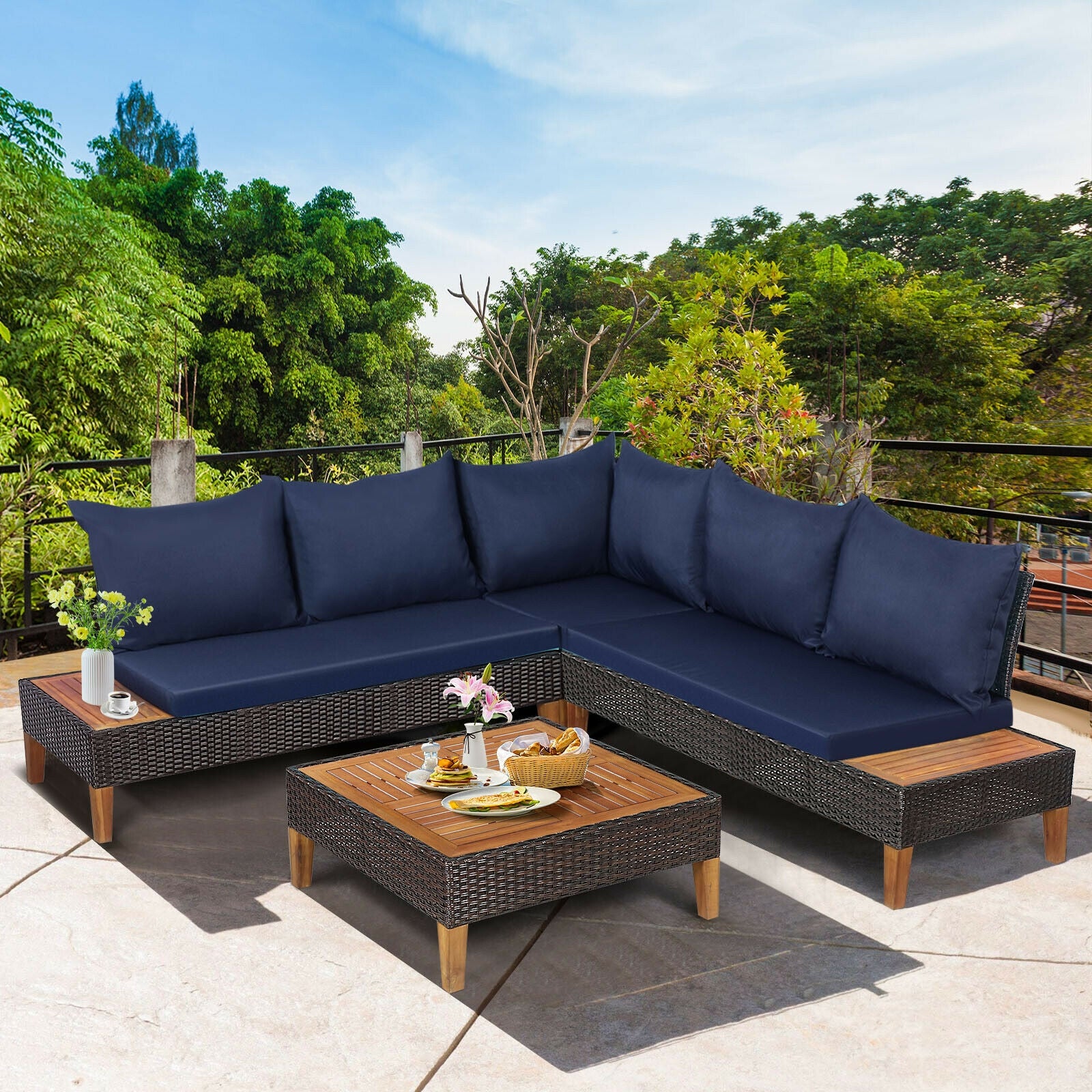 4 Piece Patio Rattan Furniture Set, Wooden Side Table, Navy Outdoor Sectionals at Gallery Canada