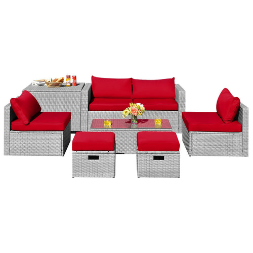 8 Piece Patio Rattan Furniture Set, With Storage Cover And Cushion, Red