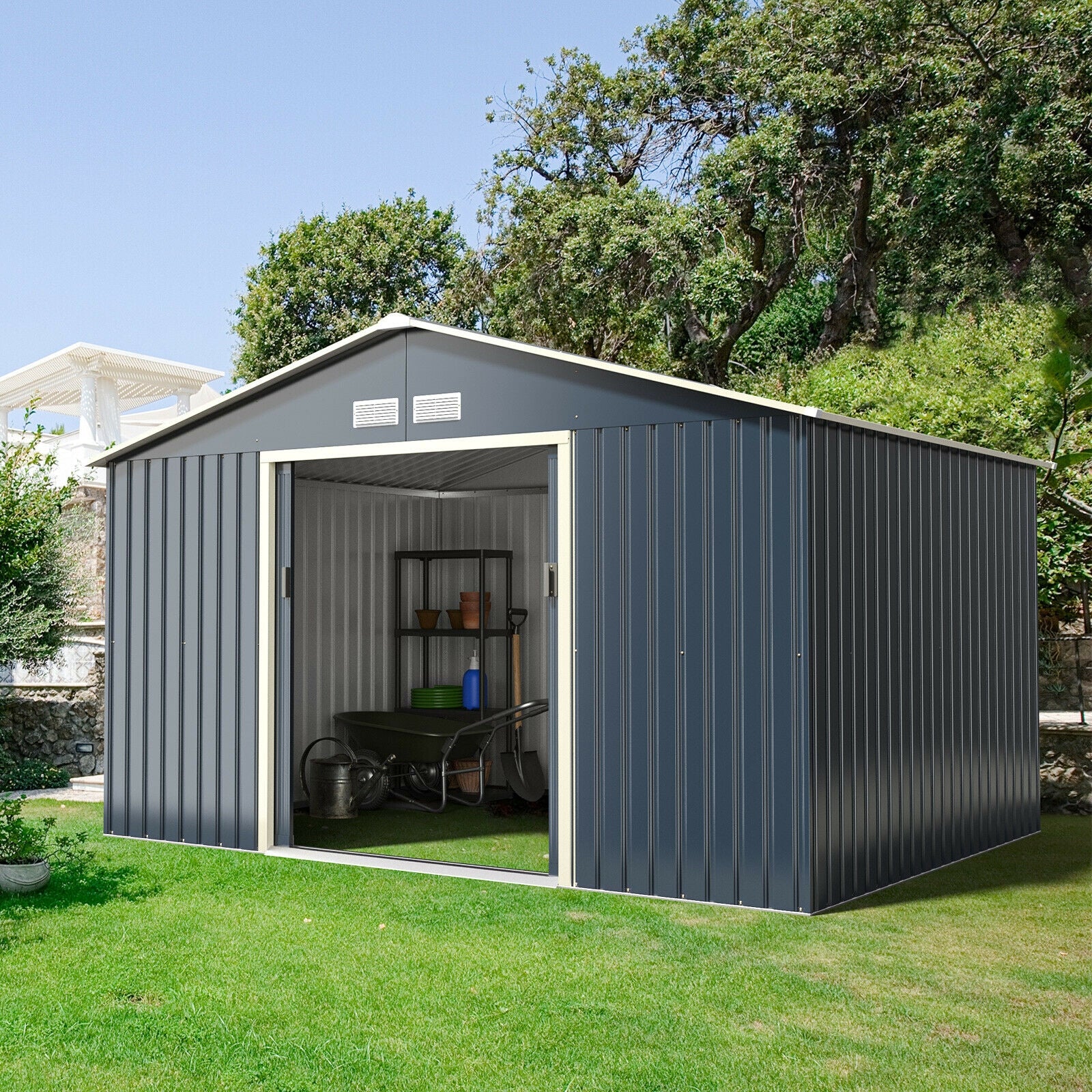 11 x 8 Feet Metal Storage Shed, Garden Tools, 2 Lockable Sliding Doors, Gray Sheds & Outdoor Storage at Gallery Canada