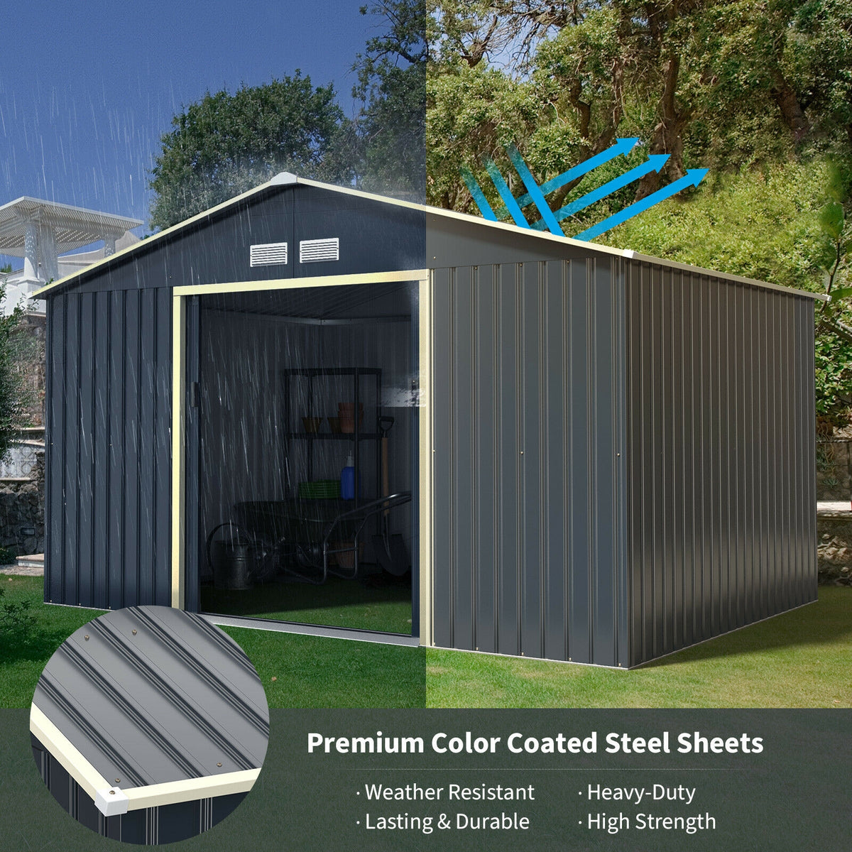 11 x 8 Feet Metal Storage Shed, Garden Tools, 2 Lockable Sliding Doors, Gray Sheds & Outdoor Storage at Gallery Canada