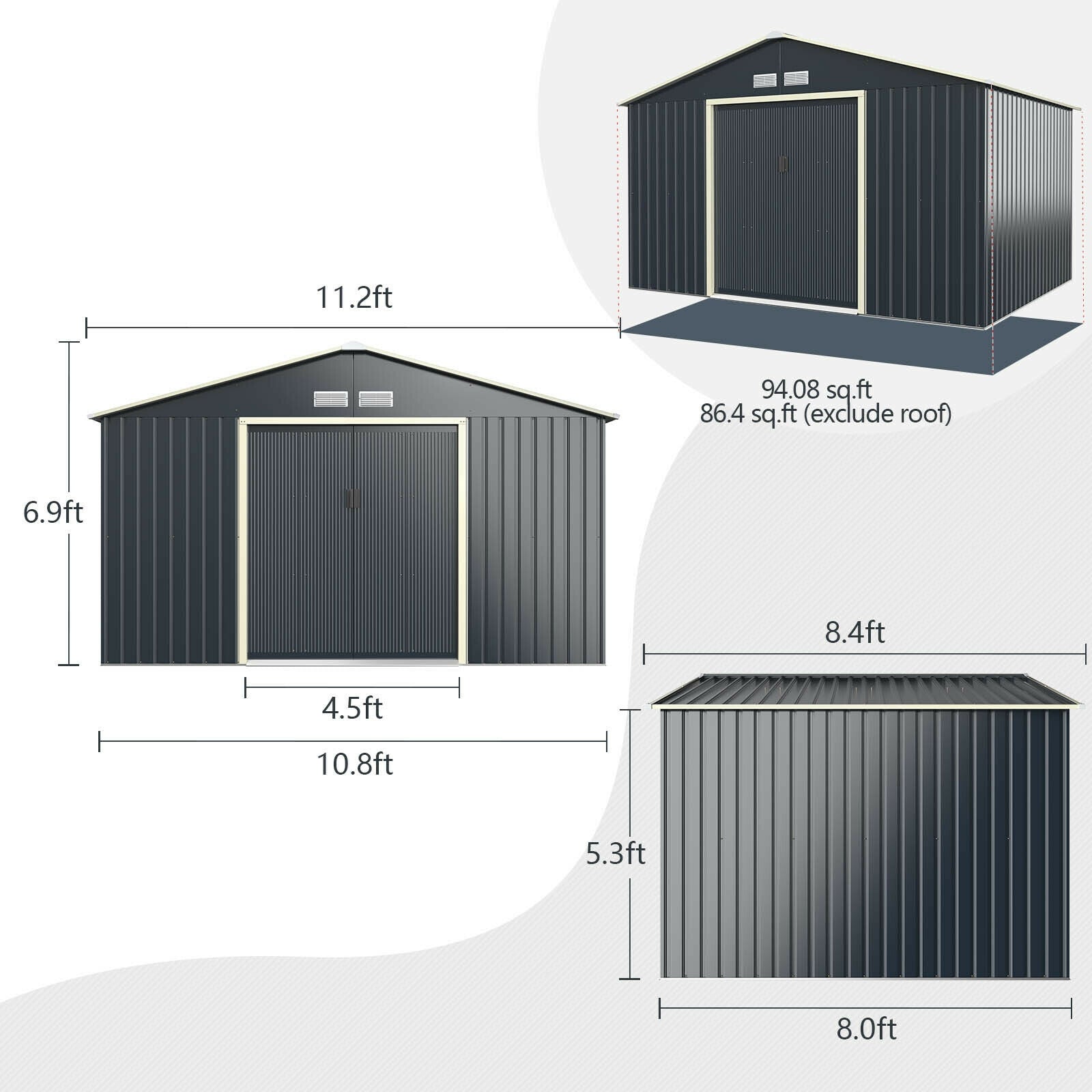 11 x 8 Feet Metal Storage Shed, Garden Tools, 2 Lockable Sliding Doors, Gray Sheds & Outdoor Storage at Gallery Canada