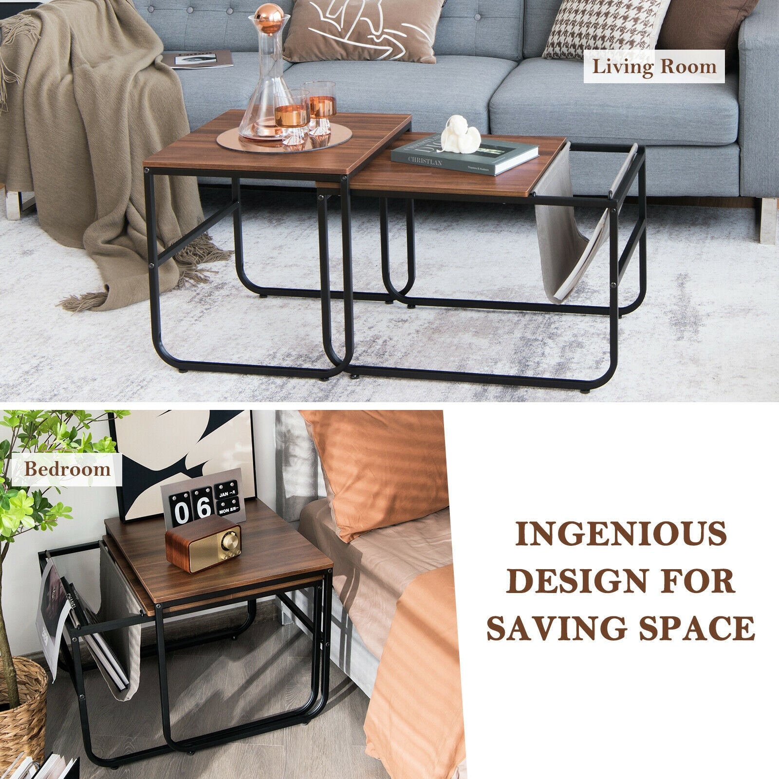 Nesting Coffee Tables, Set of 2, Side Pocket, Brown Coffee Tables at Gallery Canada