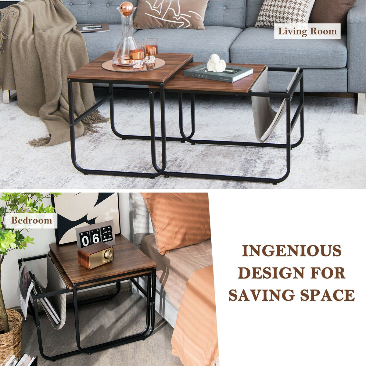 Nesting Coffee Tables, Set of 2, Side Pocket, Brown Coffee Tables at Gallery Canada