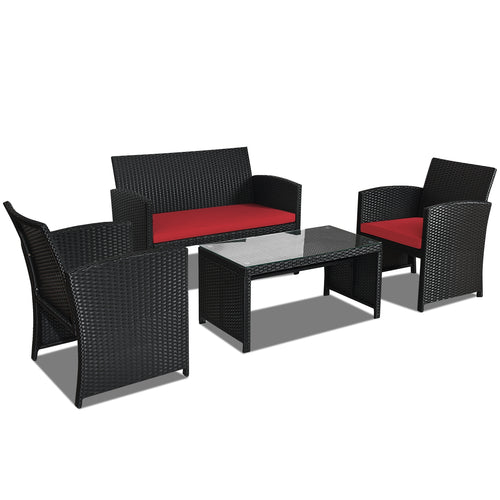4 Piece Rattan Patio Set, Weather Resistant Cushions, Tempered Glass Tabletop, Red