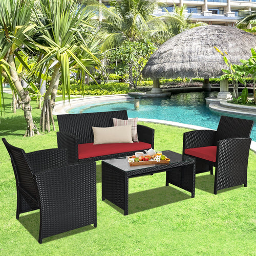 4 Piece Rattan Patio Set, Weather Resistant Cushions, Tempered Glass Tabletop, Red