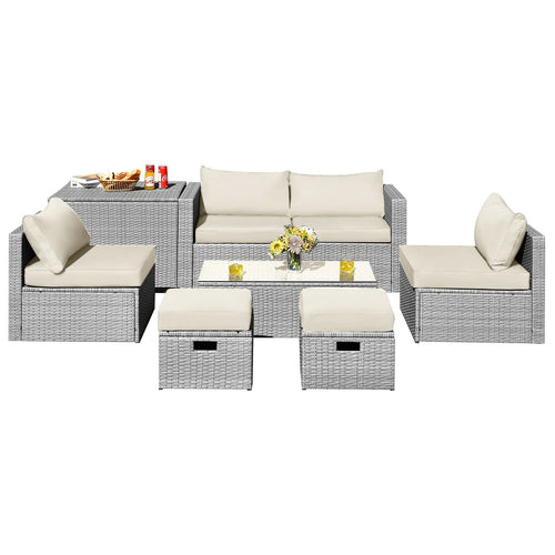 8 Piece Patio Rattan Furniture Set, With Storage Cover And Cushion, Off White