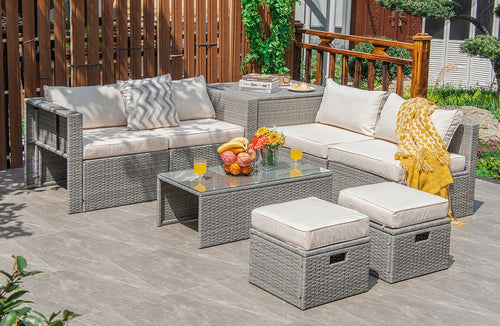 8 Piece Patio Rattan Furniture Set, With Storage Cover And Cushion, Off White