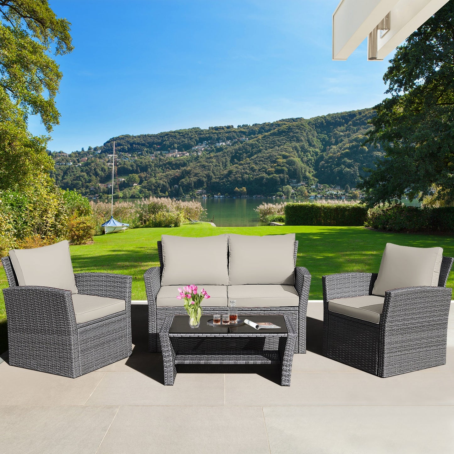4 Piece Patio Rattan Furniture Set, Sofa Table With Storage Shelf Cushion, Beige Patio Conversation Sets at Gallery Canada