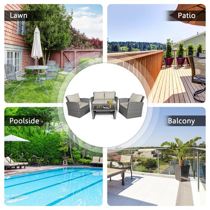 4 Piece Patio Rattan Furniture Set, Sofa Table With Storage Shelf Cushion, Beige Patio Conversation Sets at Gallery Canada