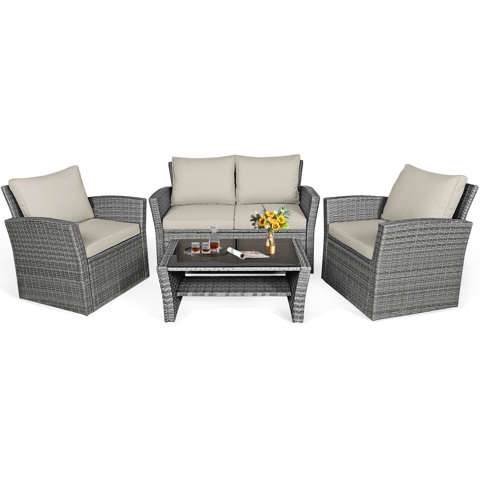 4 Piece Patio Rattan Furniture Set, Sofa Table With Storage Shelf Cushion, Beige Patio Conversation Sets Beige at Gallery Canada