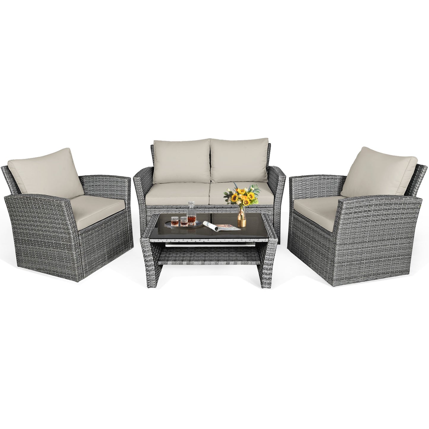 4 Piece Patio Rattan Furniture Set, Sofa Table With Storage Shelf Cushion, Beige Patio Conversation Sets Beige at Gallery Canada