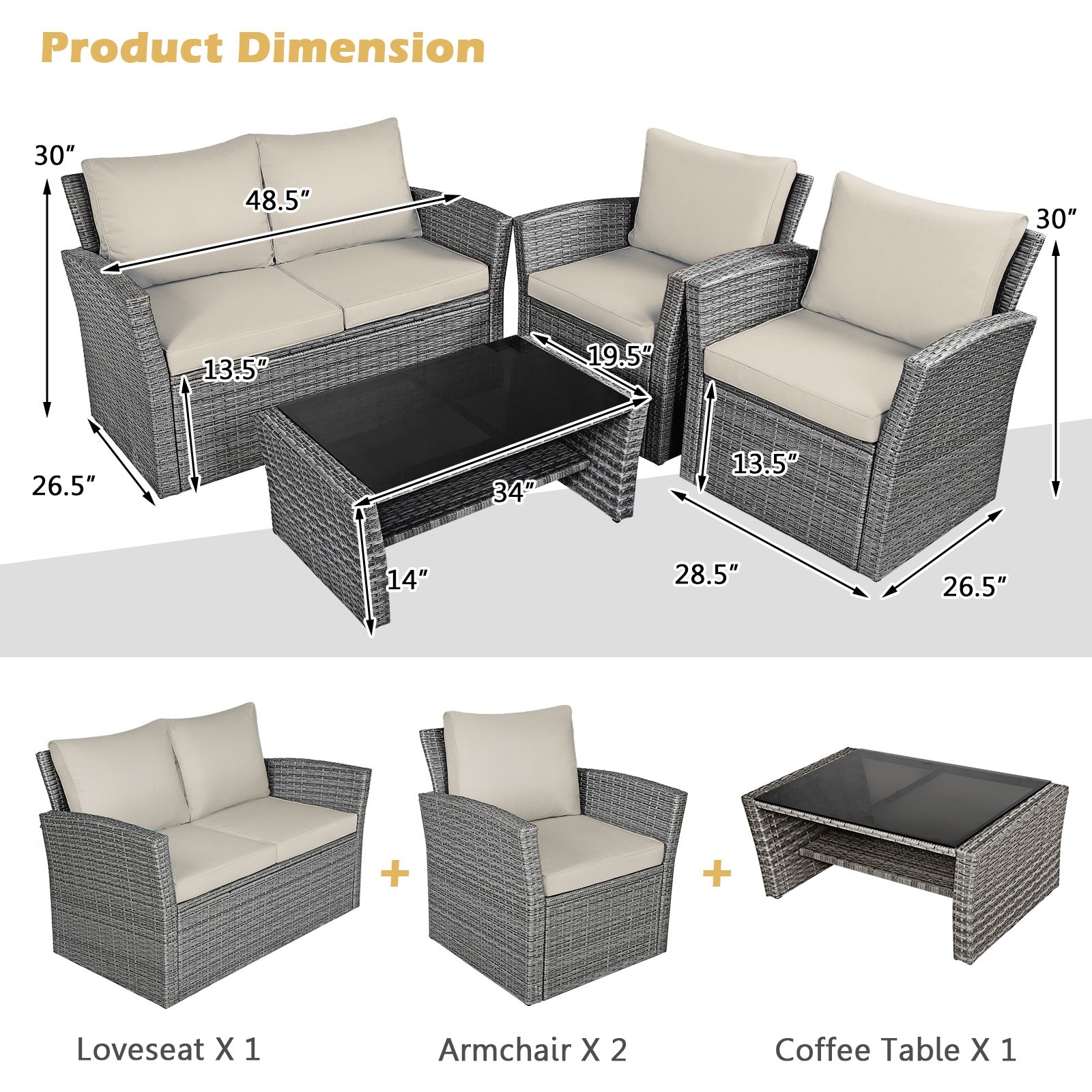 4 Piece Patio Rattan Furniture Set, Sofa Table With Storage Shelf Cushion, Beige Patio Conversation Sets at Gallery Canada