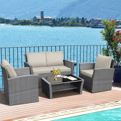 4 Piece Patio Rattan Furniture Set, Sofa Table With Storage Shelf Cushion, Beige Patio Conversation Sets at Gallery Canada