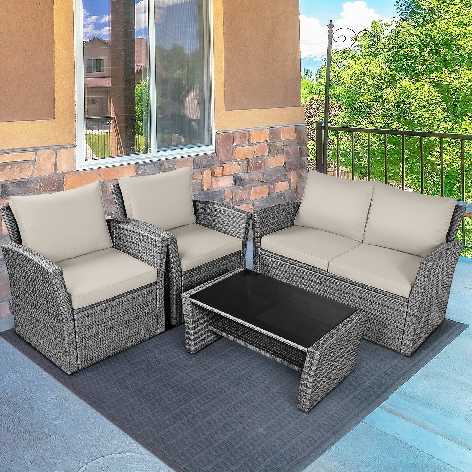 4 Piece Patio Rattan Furniture Set, Sofa Table With Storage Shelf Cushion, Beige Patio Conversation Sets at Gallery Canada