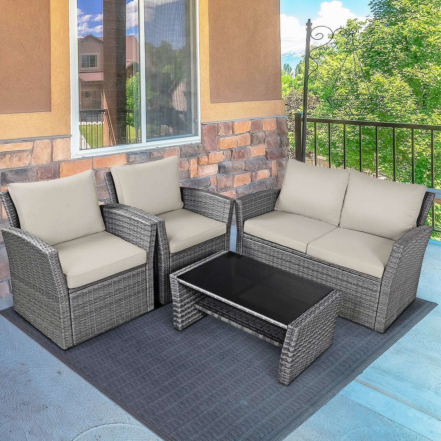 4 Piece Patio Rattan Furniture Set, Sofa Table With Storage Shelf Cushion, Beige Patio Conversation Sets at Gallery Canada