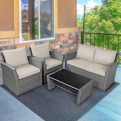 4 Piece Patio Rattan Furniture Set, Sofa Table With Storage Shelf Cushion, Beige Patio Conversation Sets at Gallery Canada