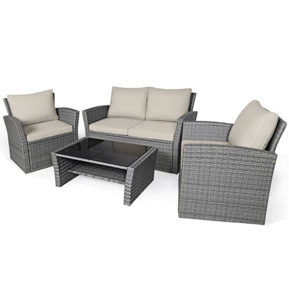 4 Piece Patio Rattan Furniture Set, Sofa Table With Storage Shelf Cushion, Beige Patio Conversation Sets at Gallery Canada