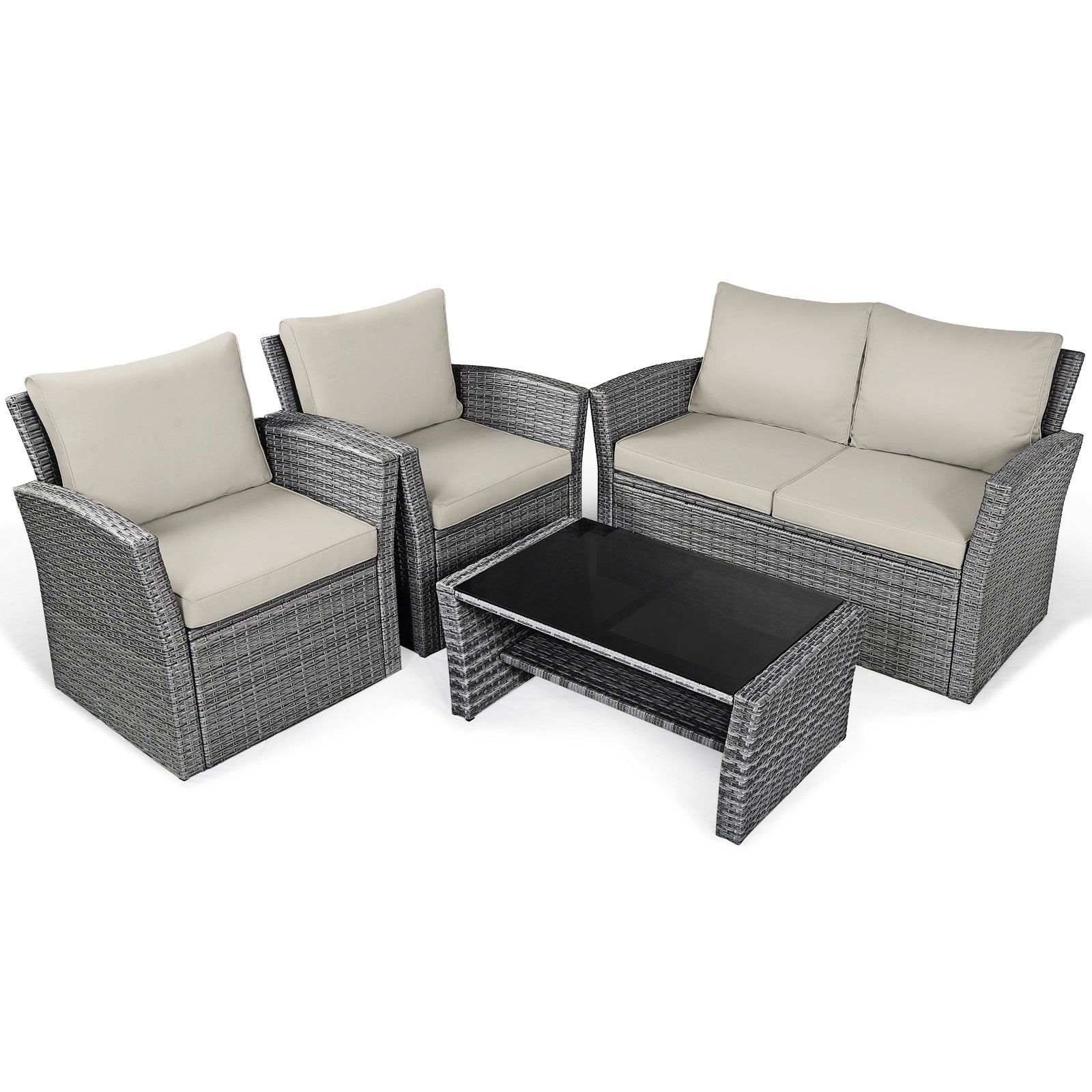 4 Piece Patio Rattan Furniture Set, Sofa Table With Storage Shelf Cushion, Beige Patio Conversation Sets at Gallery Canada