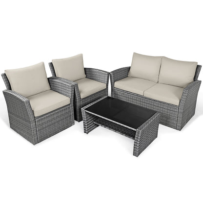 4 Piece Patio Rattan Furniture Set, Sofa Table With Storage Shelf Cushion, Beige Patio Conversation Sets at Gallery Canada