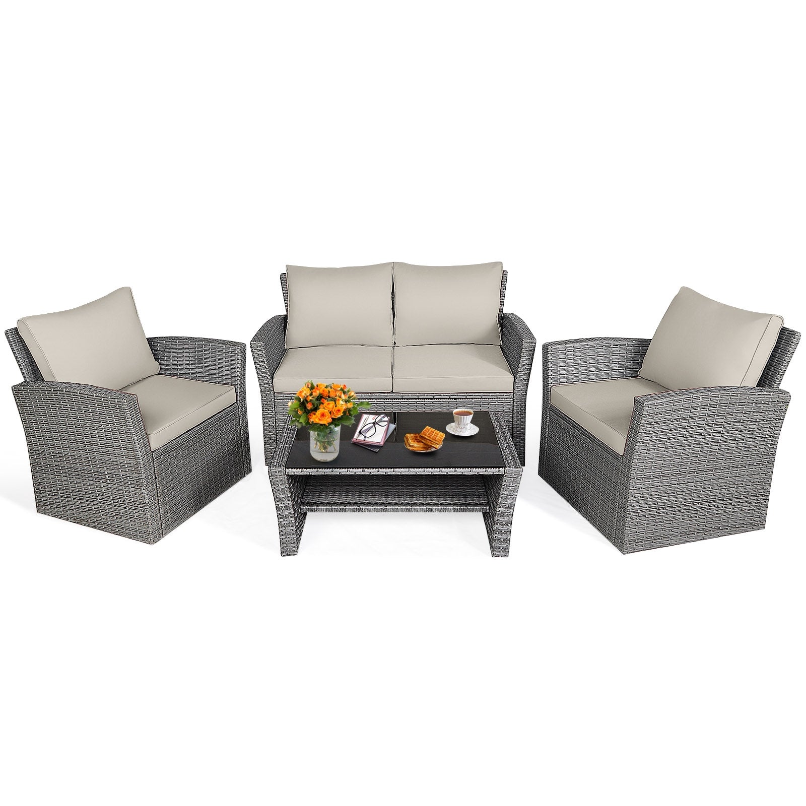 4 Piece Patio Rattan Furniture Set, Sofa Table With Storage Shelf Cushion, Beige Patio Conversation Sets at Gallery Canada
