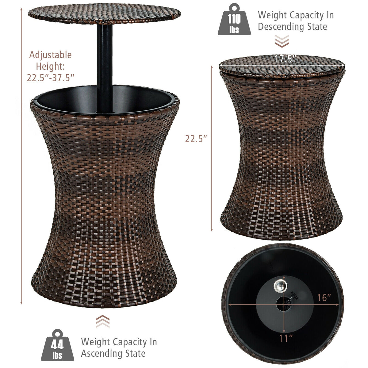 Height Adjustable Patio Rattan Cooler Bar Table, Black Patio Bar Furniture at Gallery Canada