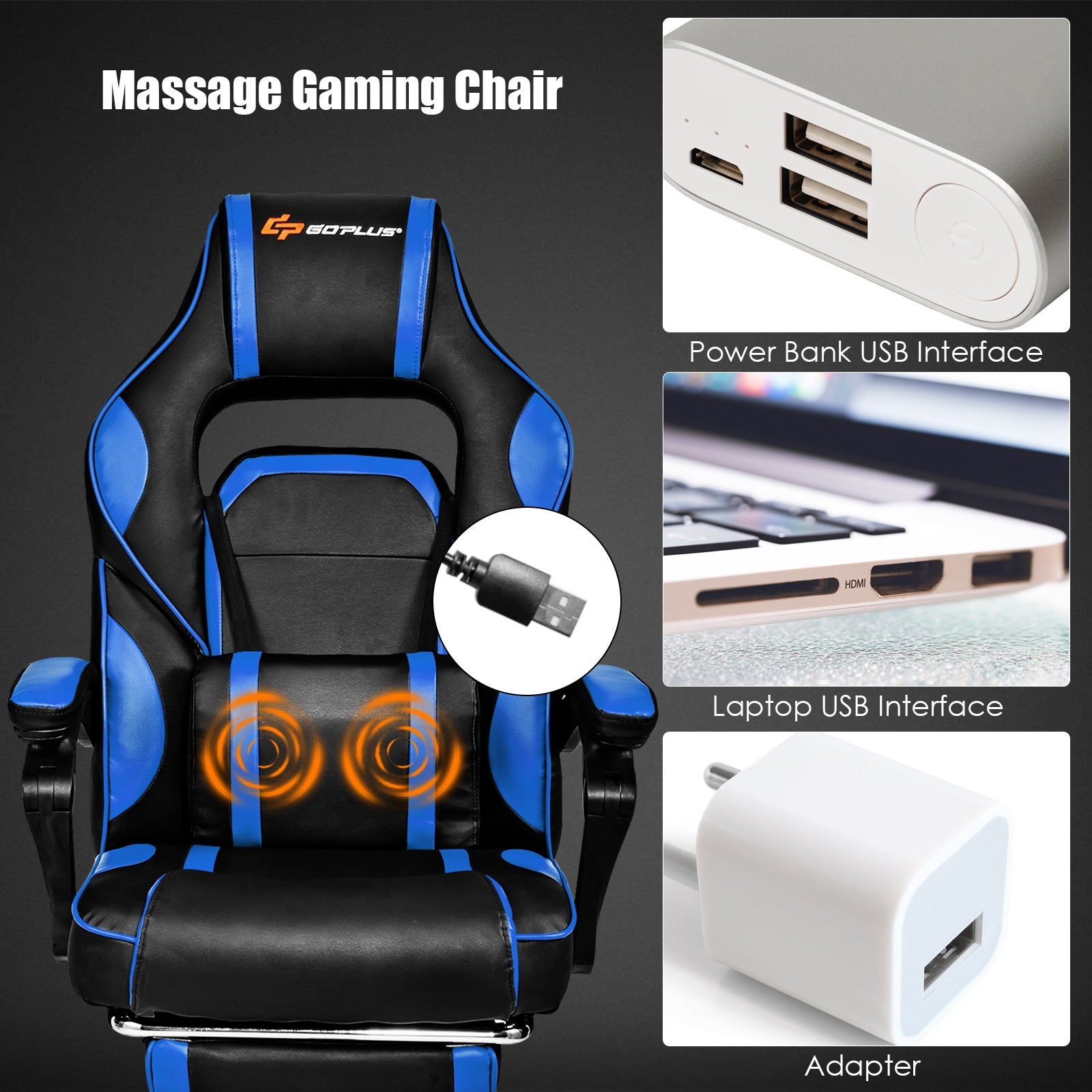 Massage Gaming Chair With Footrest, Lumbar Support, Blue Gaming Chairs at Gallery Canada