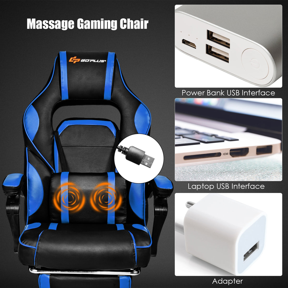 Massage Gaming Chair With Footrest, Lumbar Support, Blue Gaming Chairs at Gallery Canada