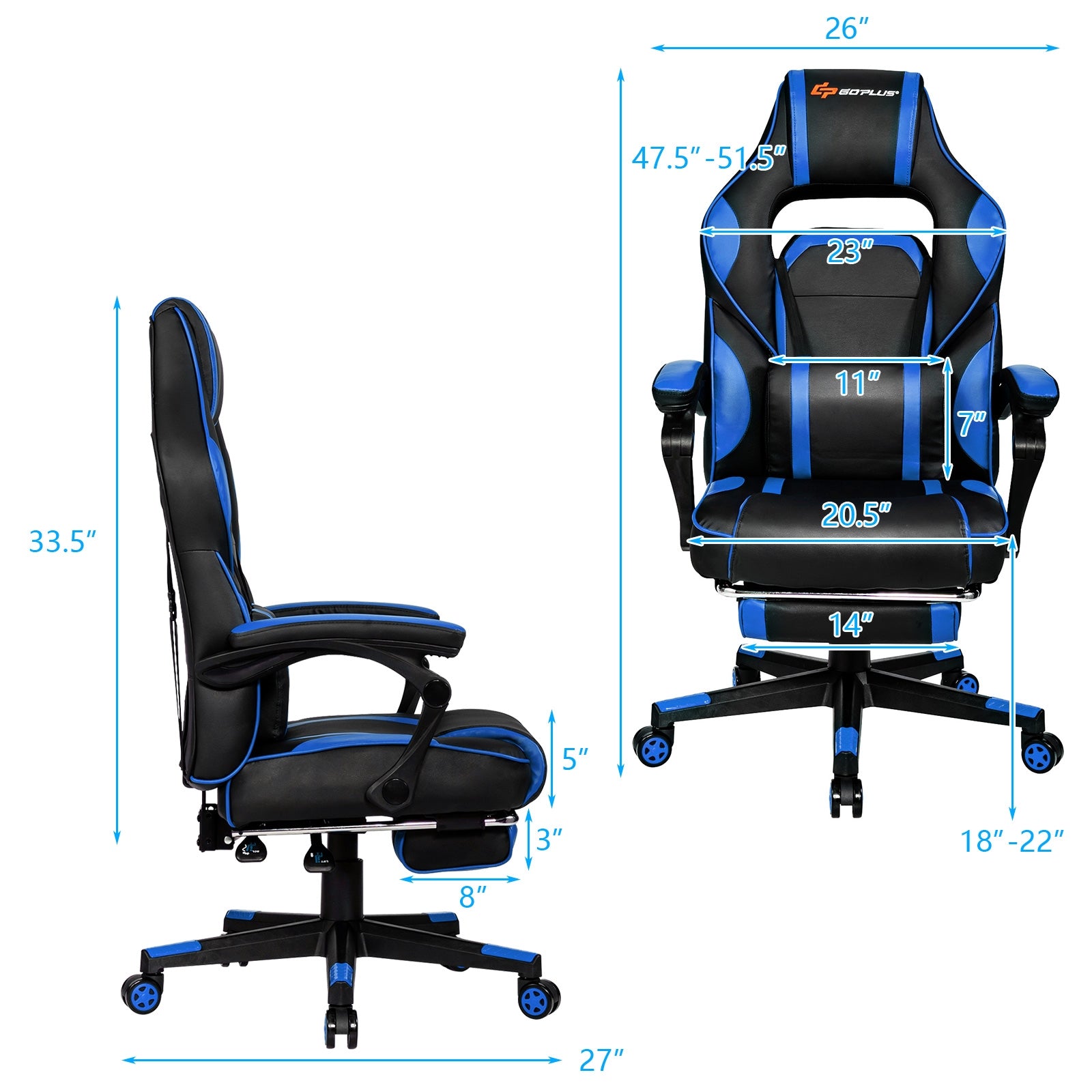 Massage Gaming Chair With Footrest, Lumbar Support, Blue Gaming Chairs at Gallery Canada