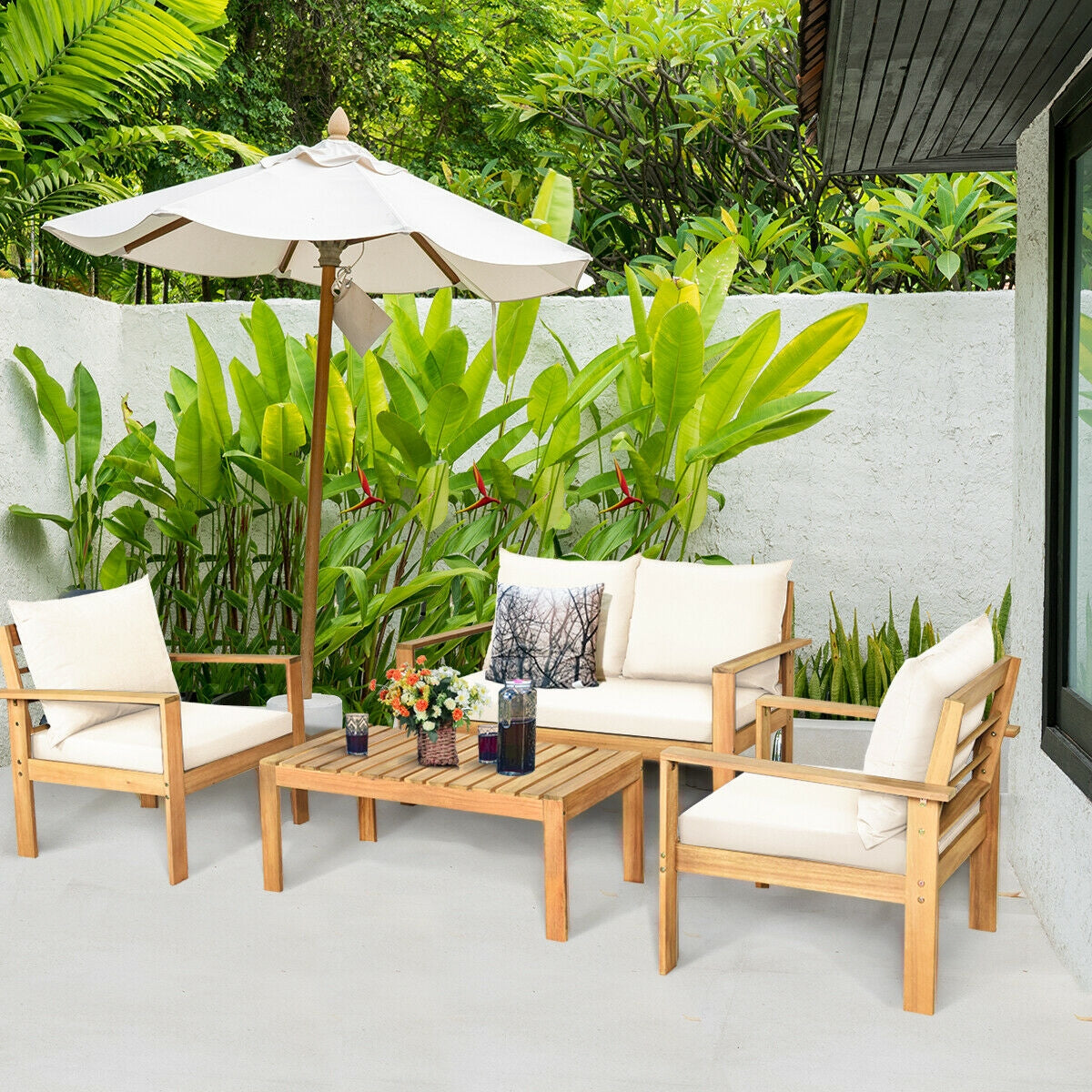 4 Piece Acacia Wood Patio Loveseat Sofa Set, White Patio Conversation Sets at Gallery Canada