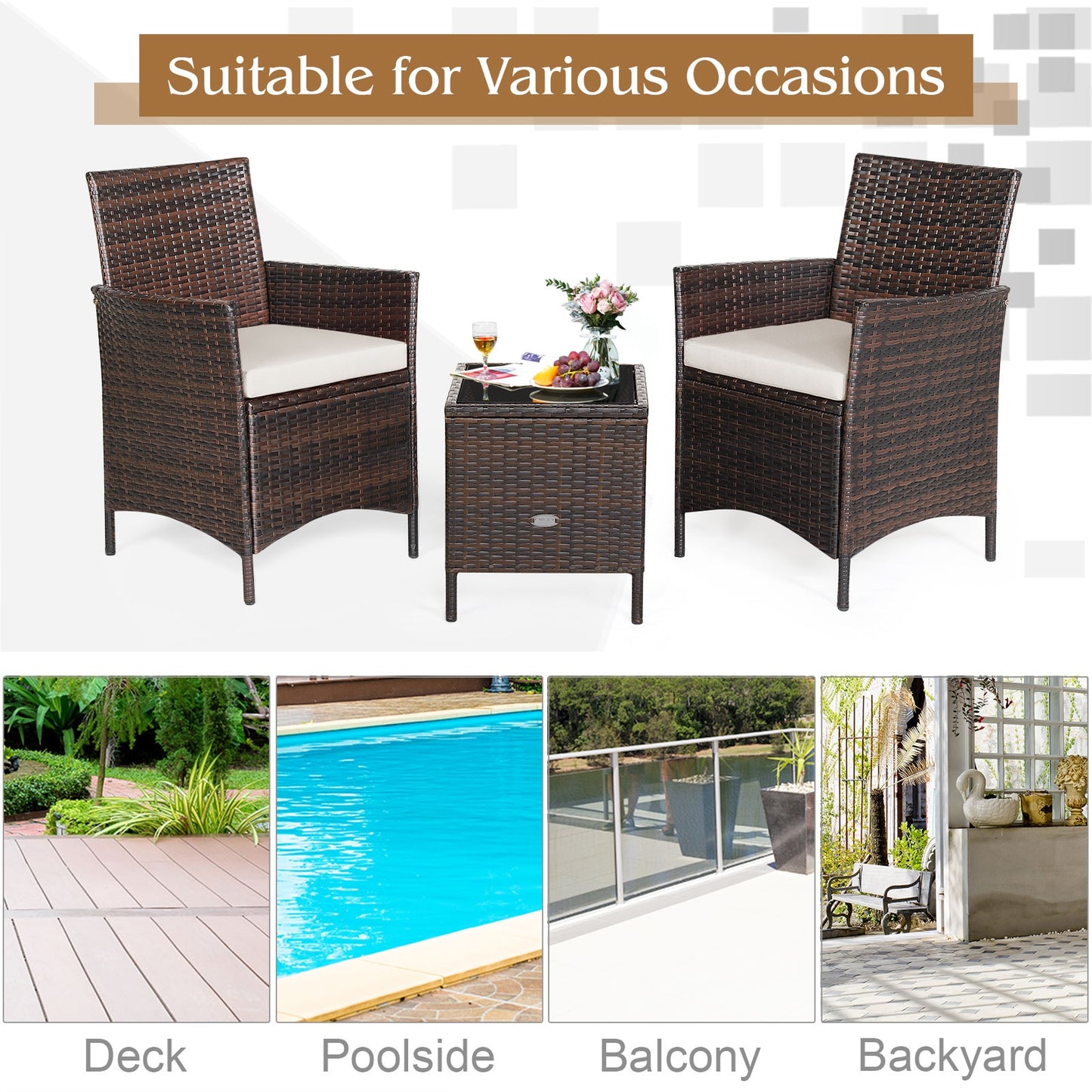 3 Pc Rattan Patio Furniture Set, Cushioned Sofa, Glass Tabletop, White Patio Conversation Sets at Gallery Canada