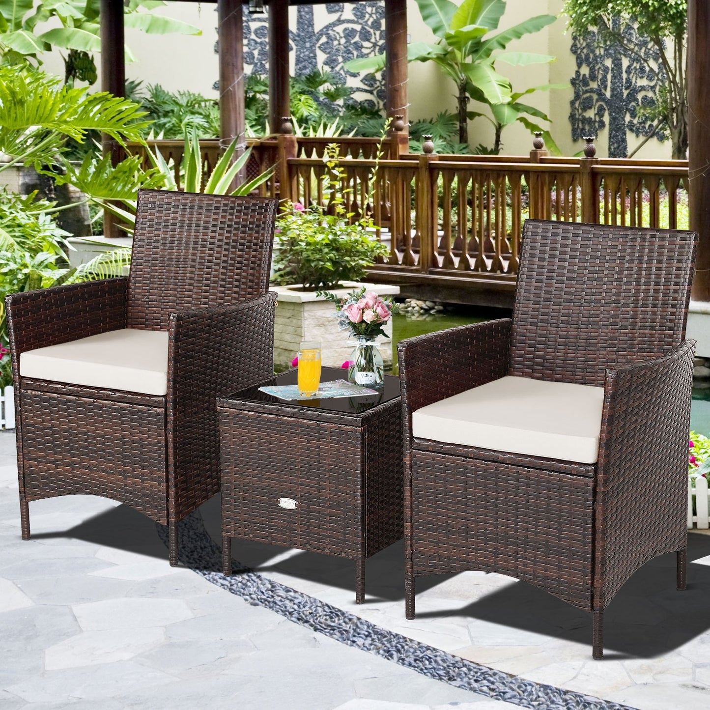 3 Pc Rattan Patio Furniture Set, Cushioned Sofa, Glass Tabletop, White Patio Conversation Sets at Gallery Canada
