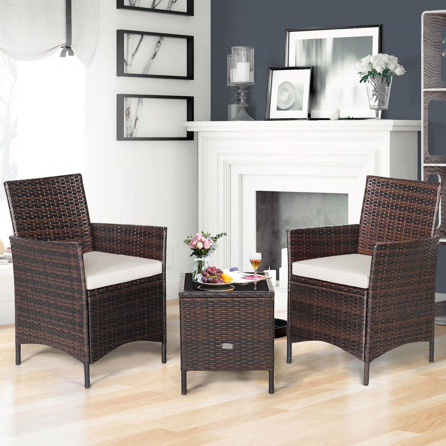 3 Pc Rattan Patio Furniture Set, Cushioned Sofa, Glass Tabletop, White Patio Conversation Sets at Gallery Canada