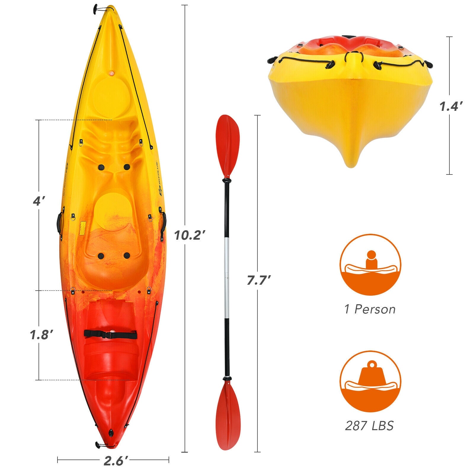 Single Sit On Top Kayak, Detachable Aluminum Paddle, Yellow Surfing at Gallery Canada