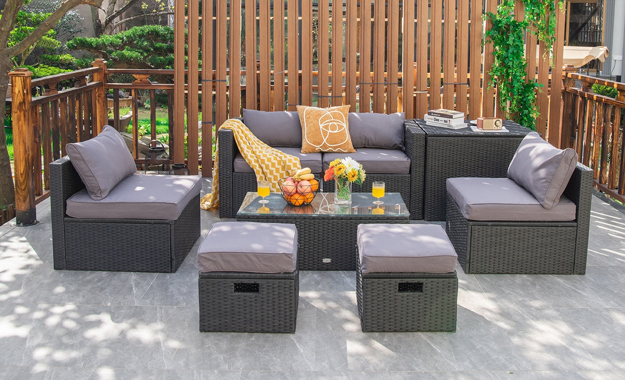 8 Piece Patio Rattan Storage Table Set, Gray Outdoor Sectionals at Gallery Canada