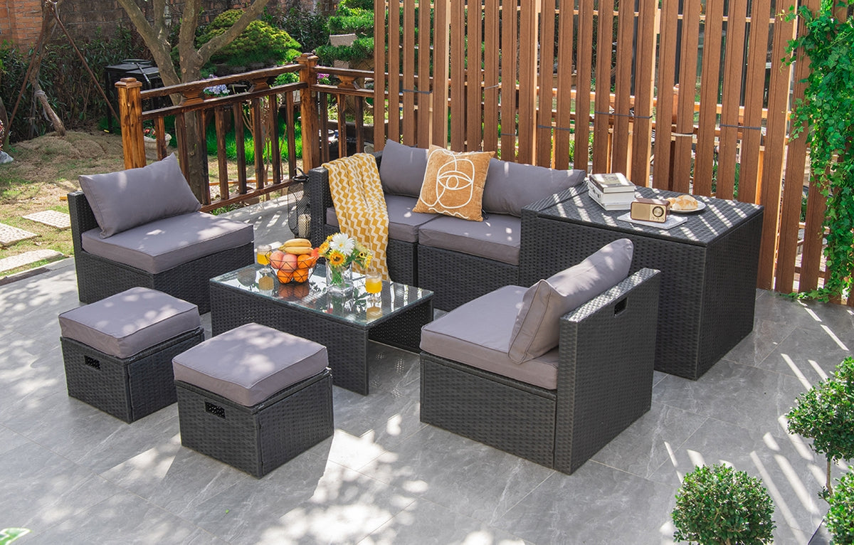 8 Piece Patio Rattan Storage Table Set, Gray Outdoor Sectionals at Gallery Canada