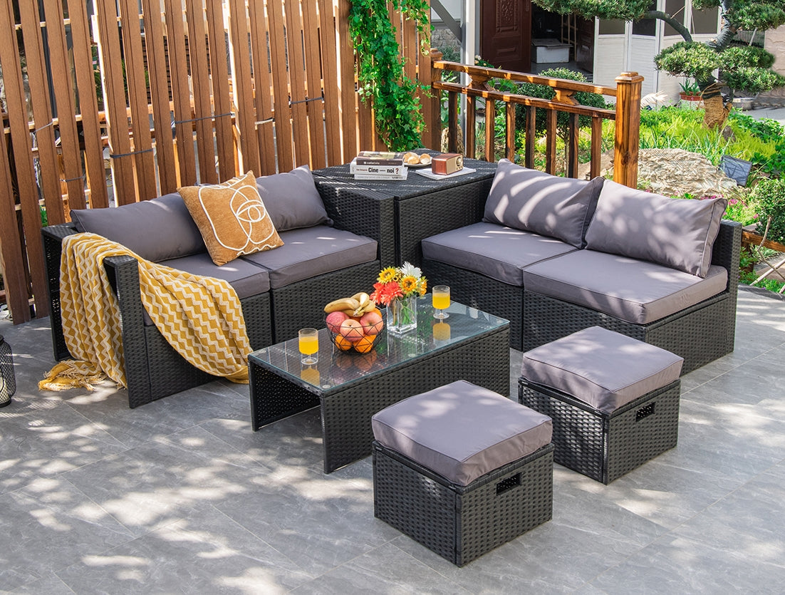 8 Piece Patio Rattan Storage Table Set, Gray Outdoor Sectionals at Gallery Canada