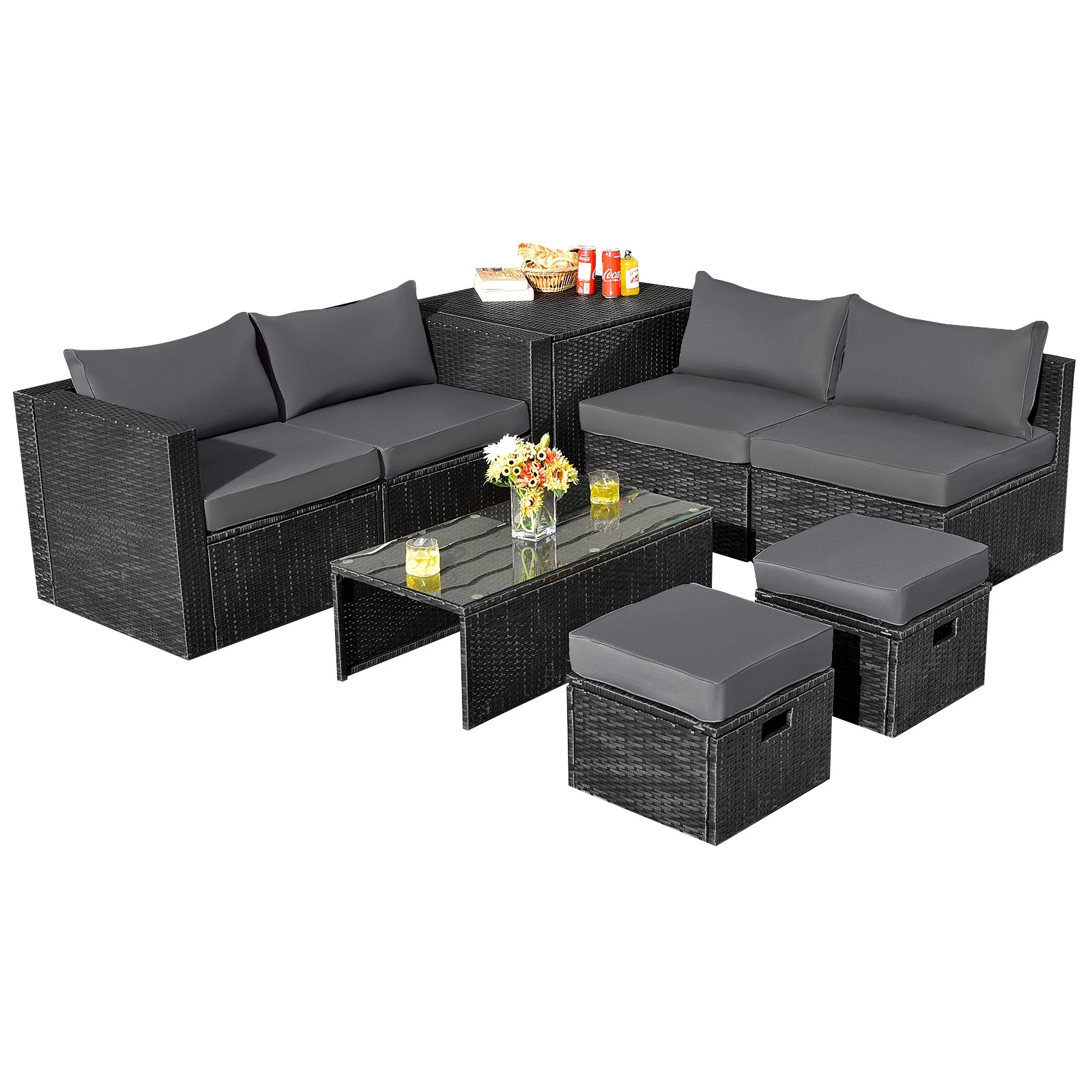 8 Piece Patio Rattan Storage Table Set, Gray Outdoor Sectionals at Gallery Canada