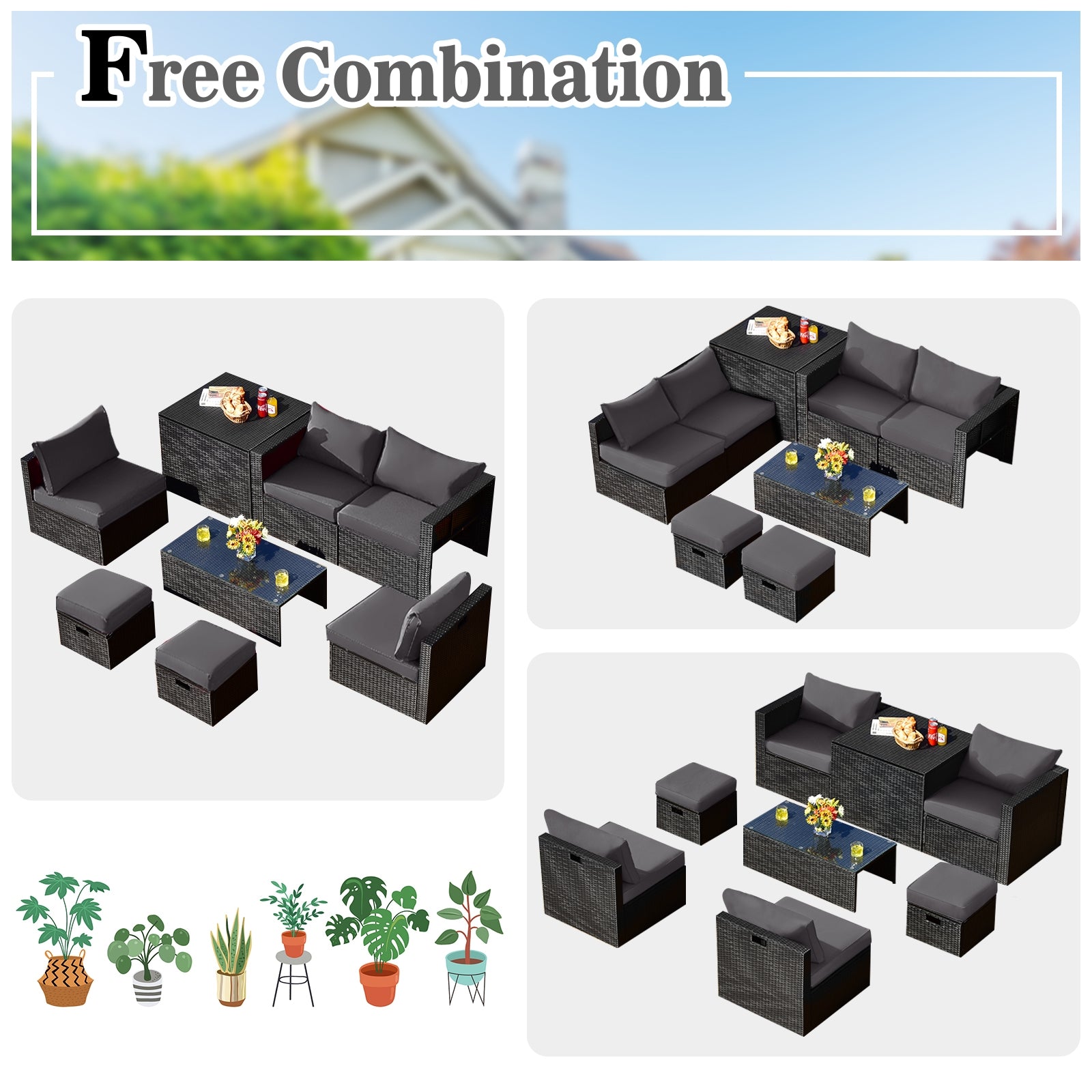 8 Piece Patio Rattan Storage Table Set, Gray Outdoor Sectionals at Gallery Canada
