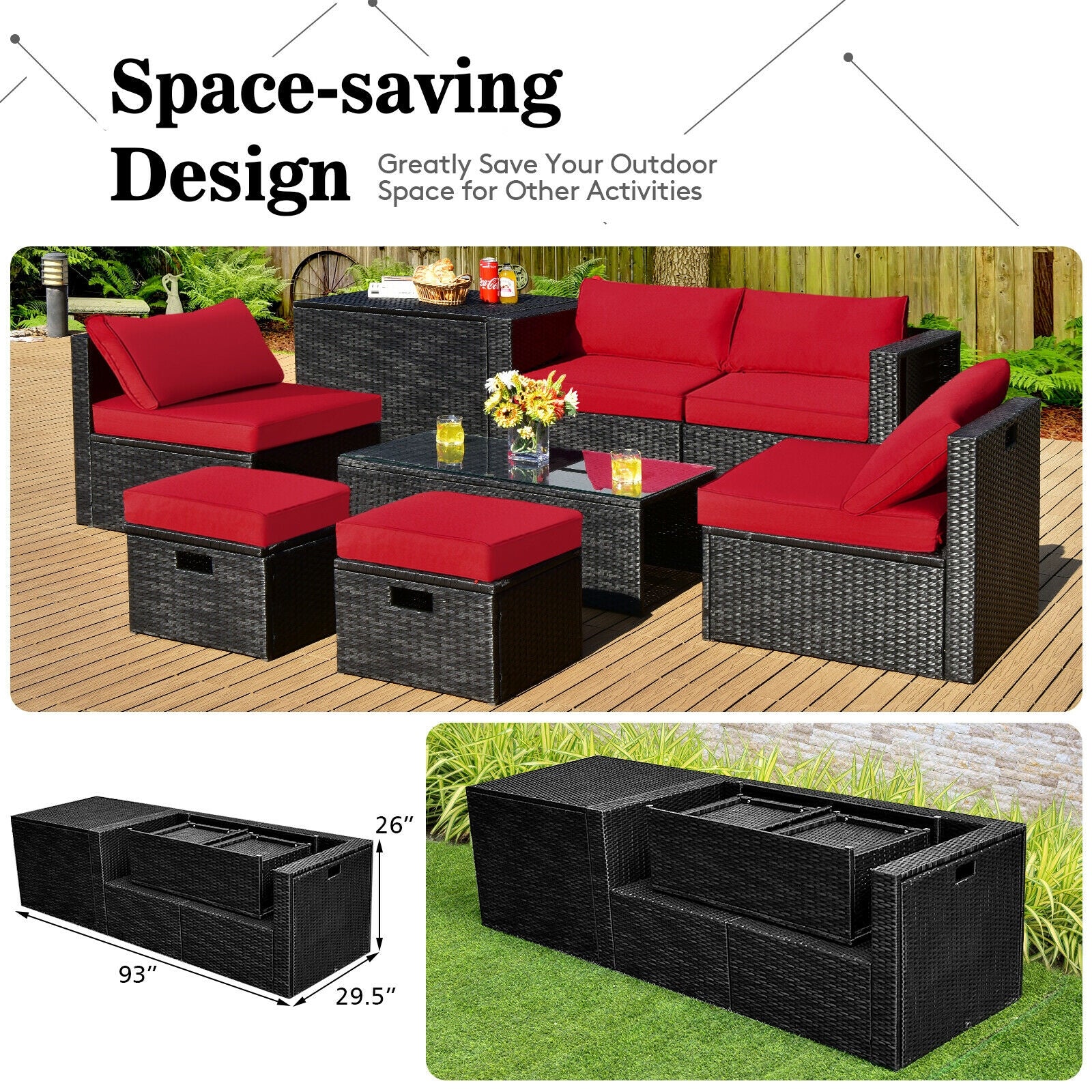 8-Piece Patio Rattan Storage Table Set, Red Outdoor Sectionals at Gallery Canada