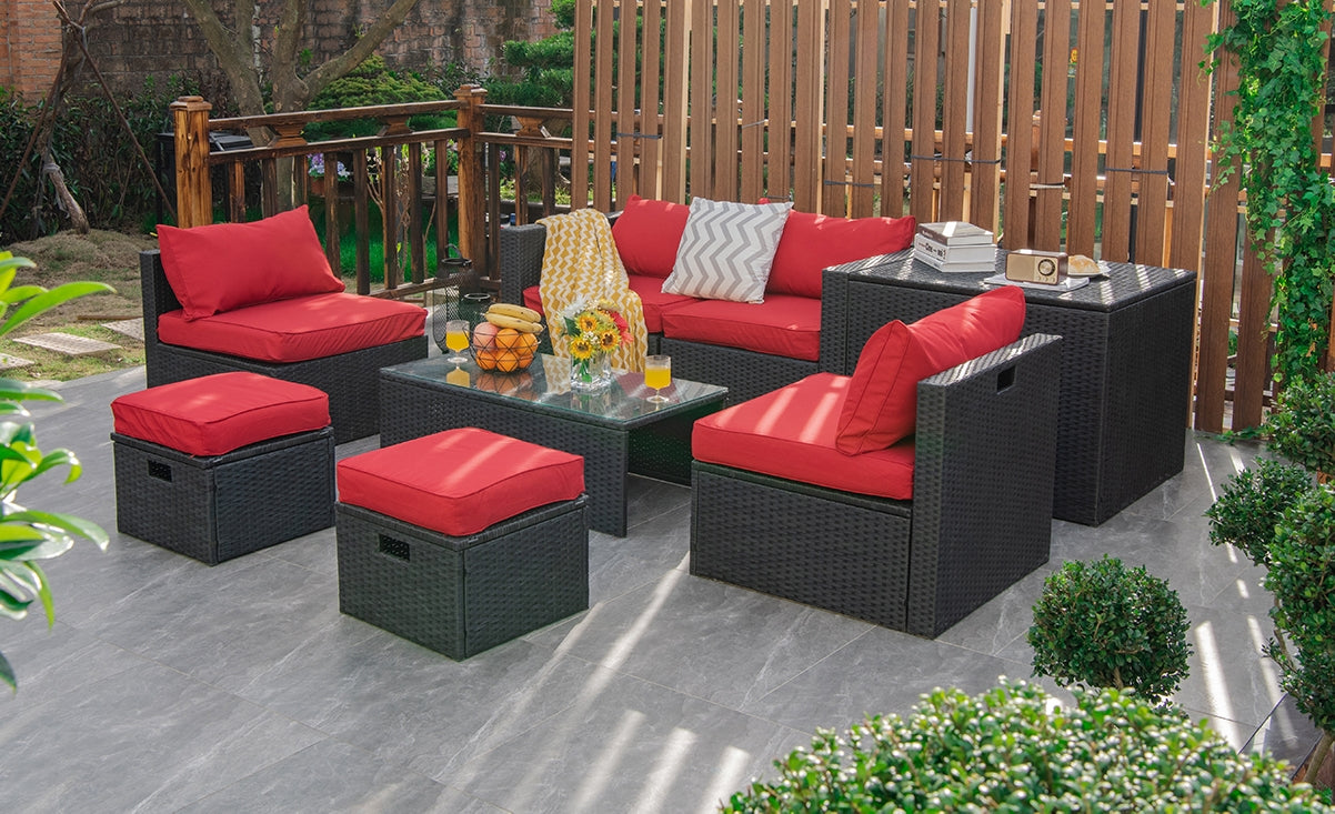 8-Piece Patio Rattan Storage Table Set, Red Outdoor Sectionals at Gallery Canada