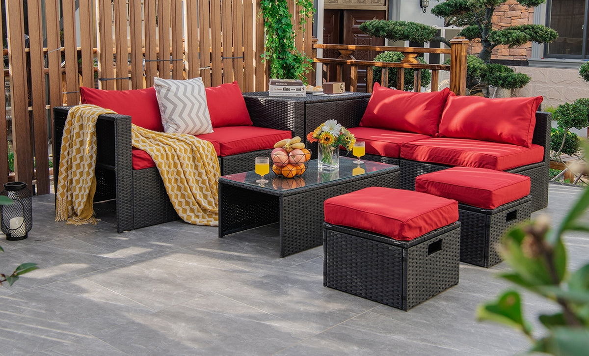 8-Piece Patio Rattan Storage Table Set, Red Outdoor Sectionals at Gallery Canada