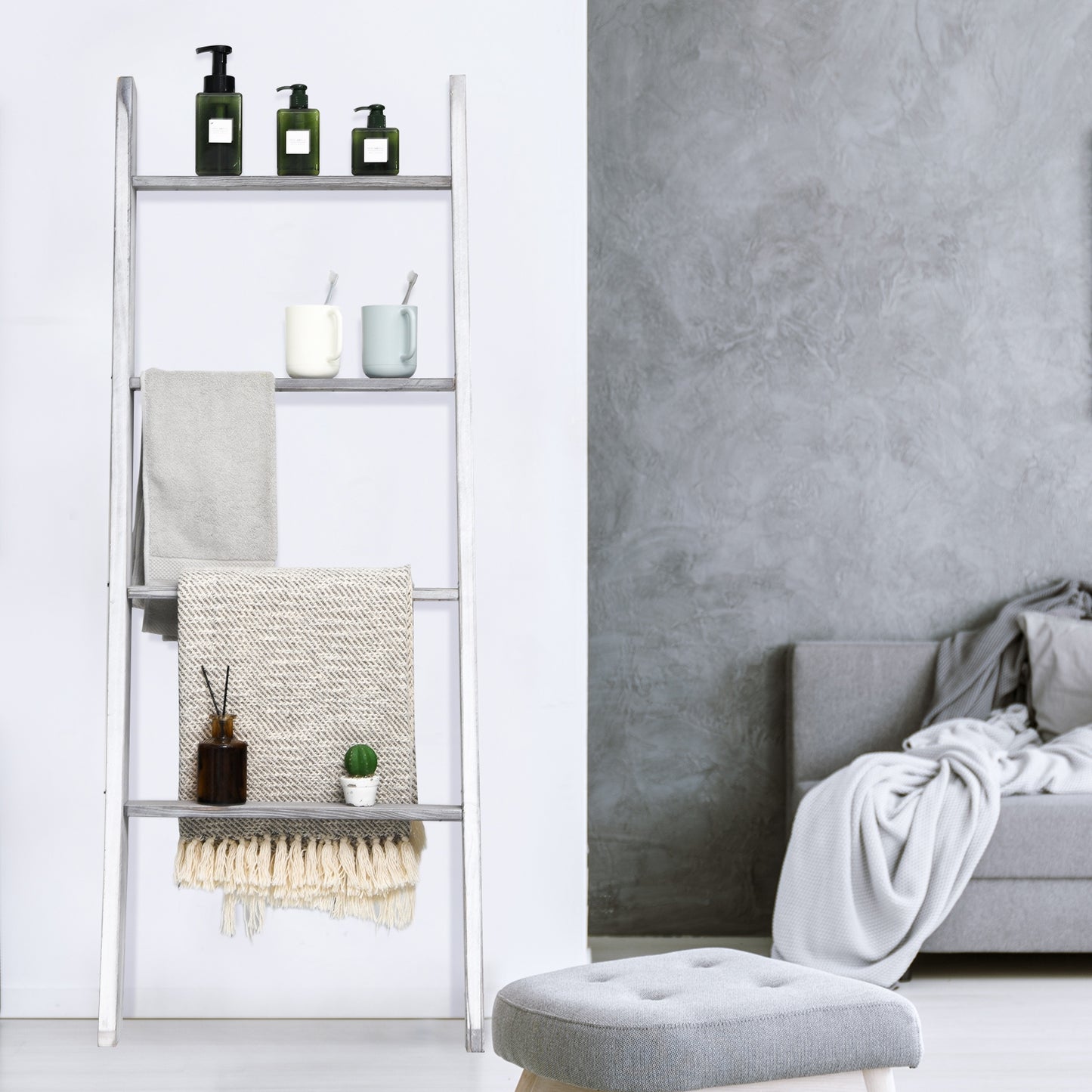 4-Tier Wall Leaning Ladder Shelf Stand, Gray Towel Racks at Gallery Canada
