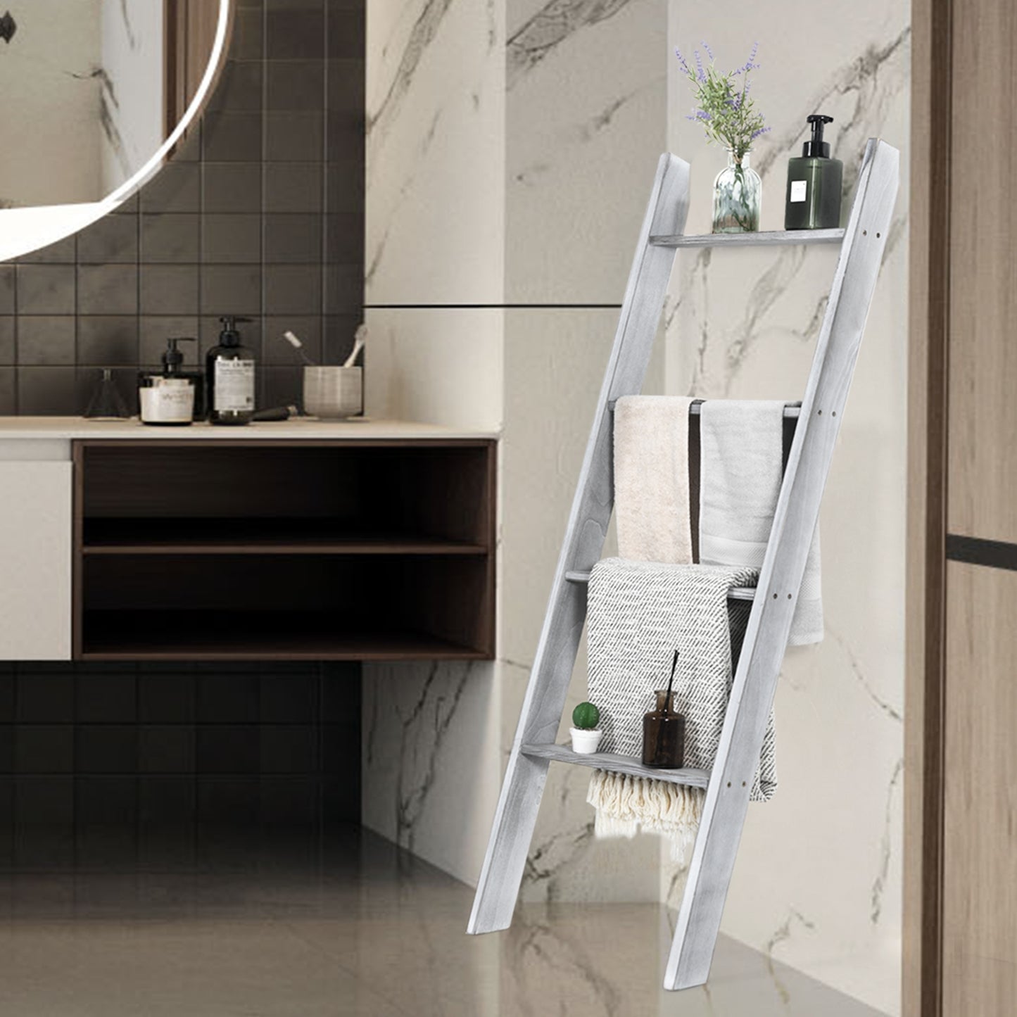 4-Tier Wall Leaning Ladder Shelf Stand, Gray Towel Racks at Gallery Canada