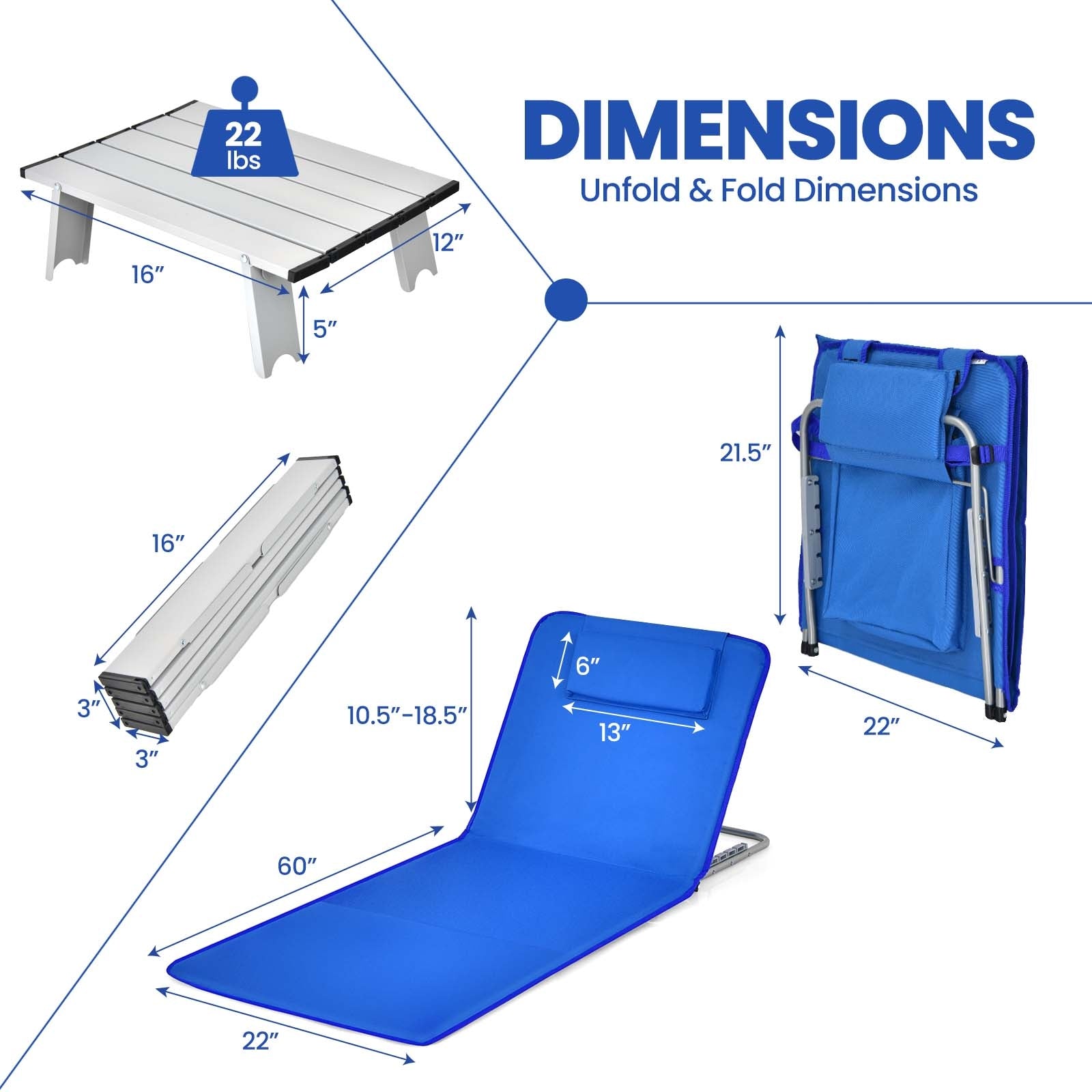 Beach Lounge Chair Mat Set, 3 Pieces, 2 Adjustable Chairs With Table, Blue Beach & Lawn Chairs at Gallery Canada