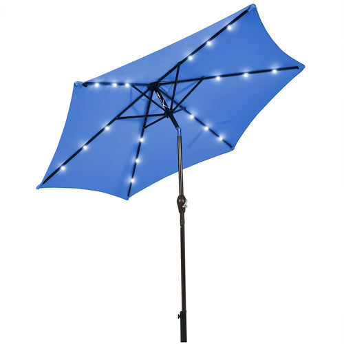 9' Solar LED Patio Umbrella, Tilt Crank Lift, Blue