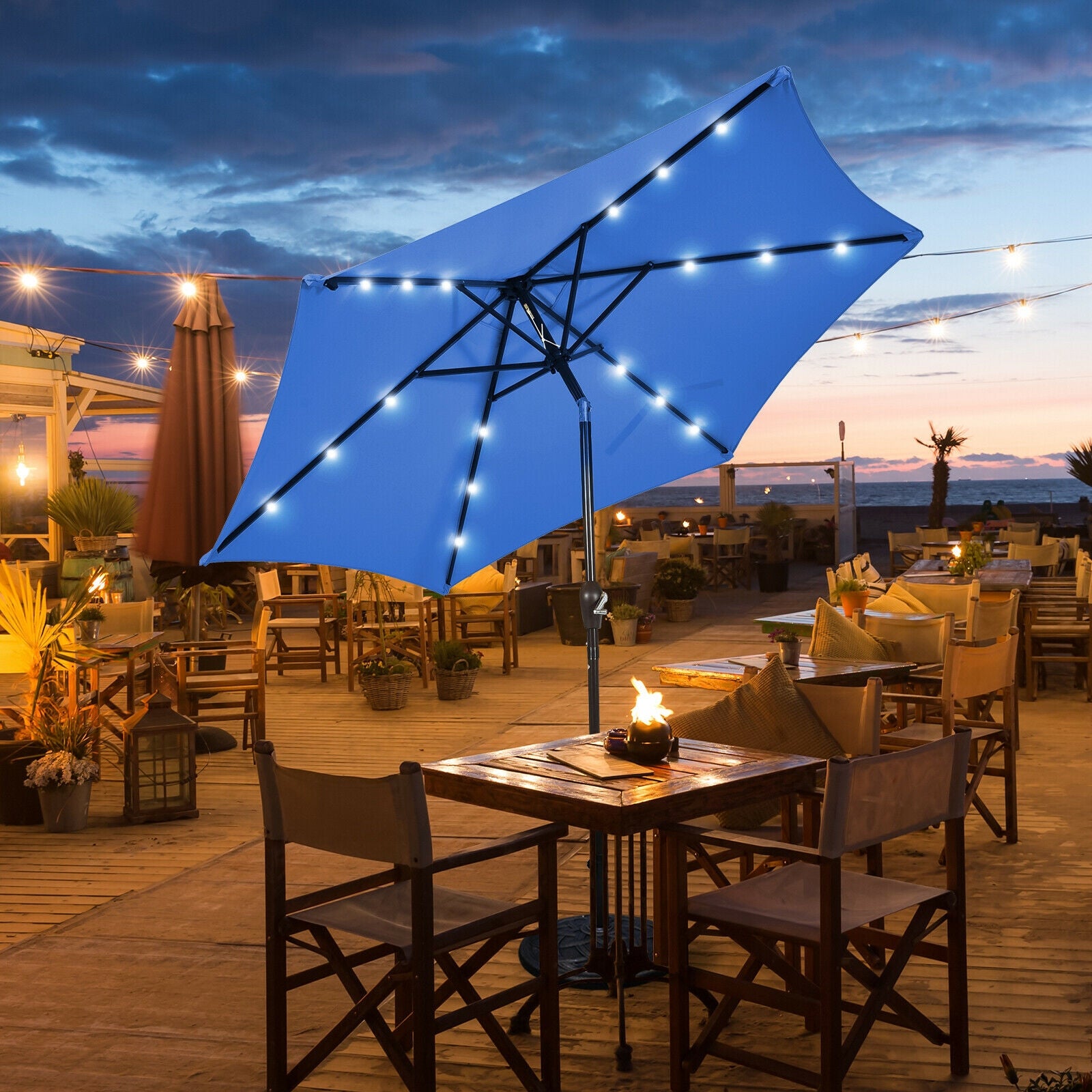 9' Solar LED Patio Umbrella, Tilt Crank Lift, Blue Outdoor Umbrellas at Gallery Canada