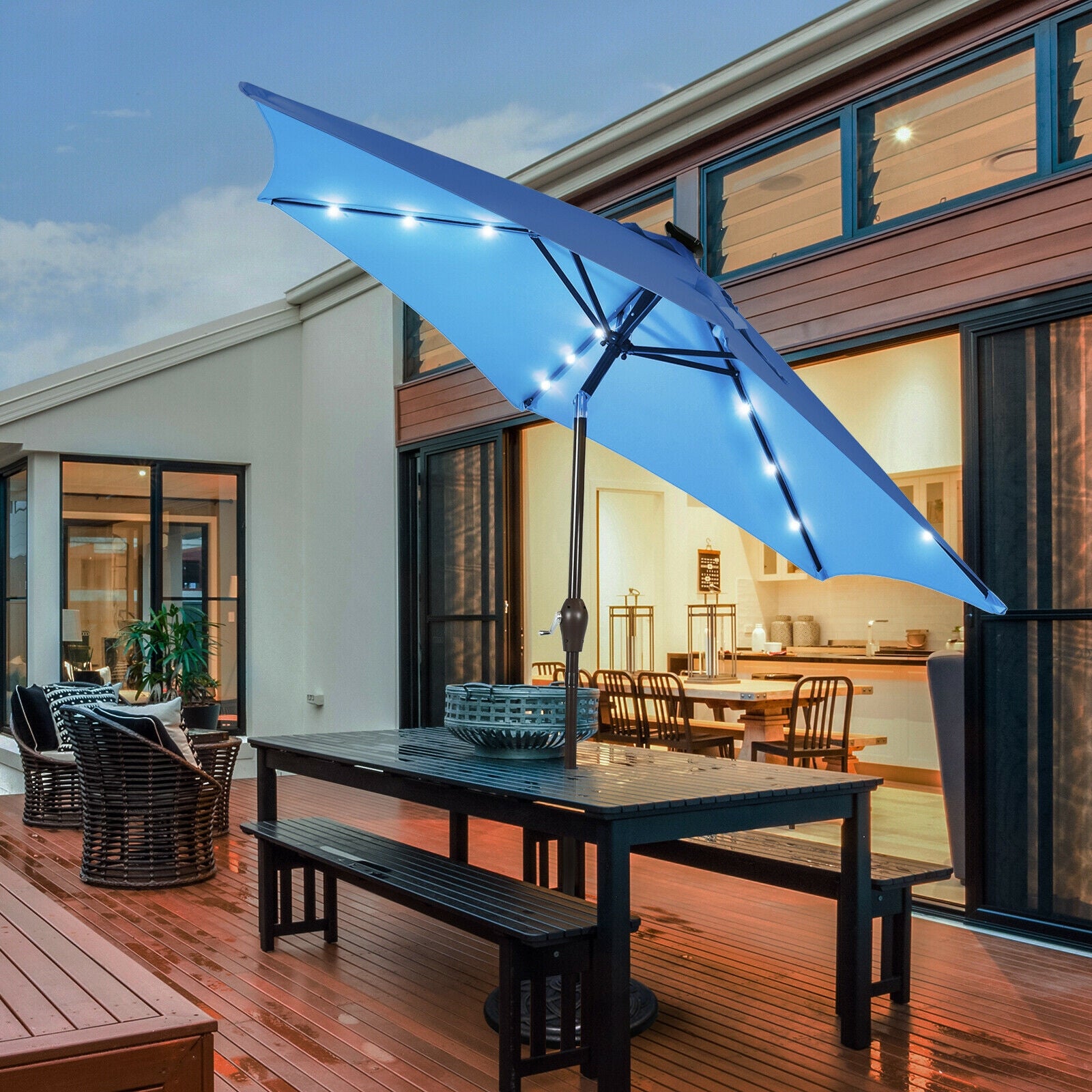9' Solar LED Patio Umbrella, Tilt Crank Lift, Blue Outdoor Umbrellas at Gallery Canada
