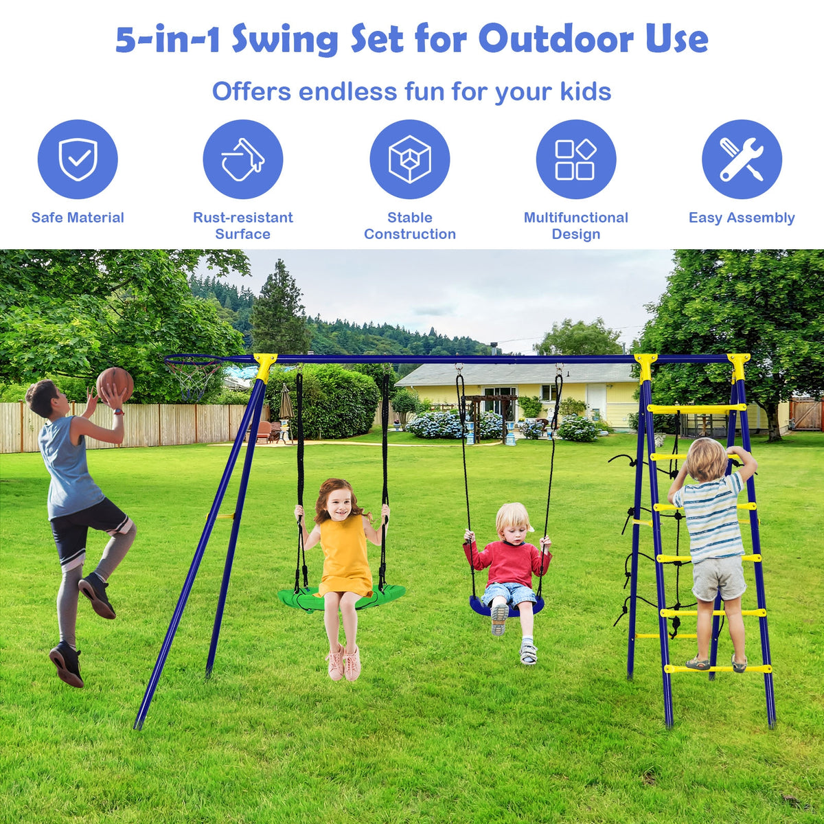 5-In-1 Outdoor Kids Swing Set, Metal Frame, Ground Stake, Blue Swing & Playsets at Gallery Canada