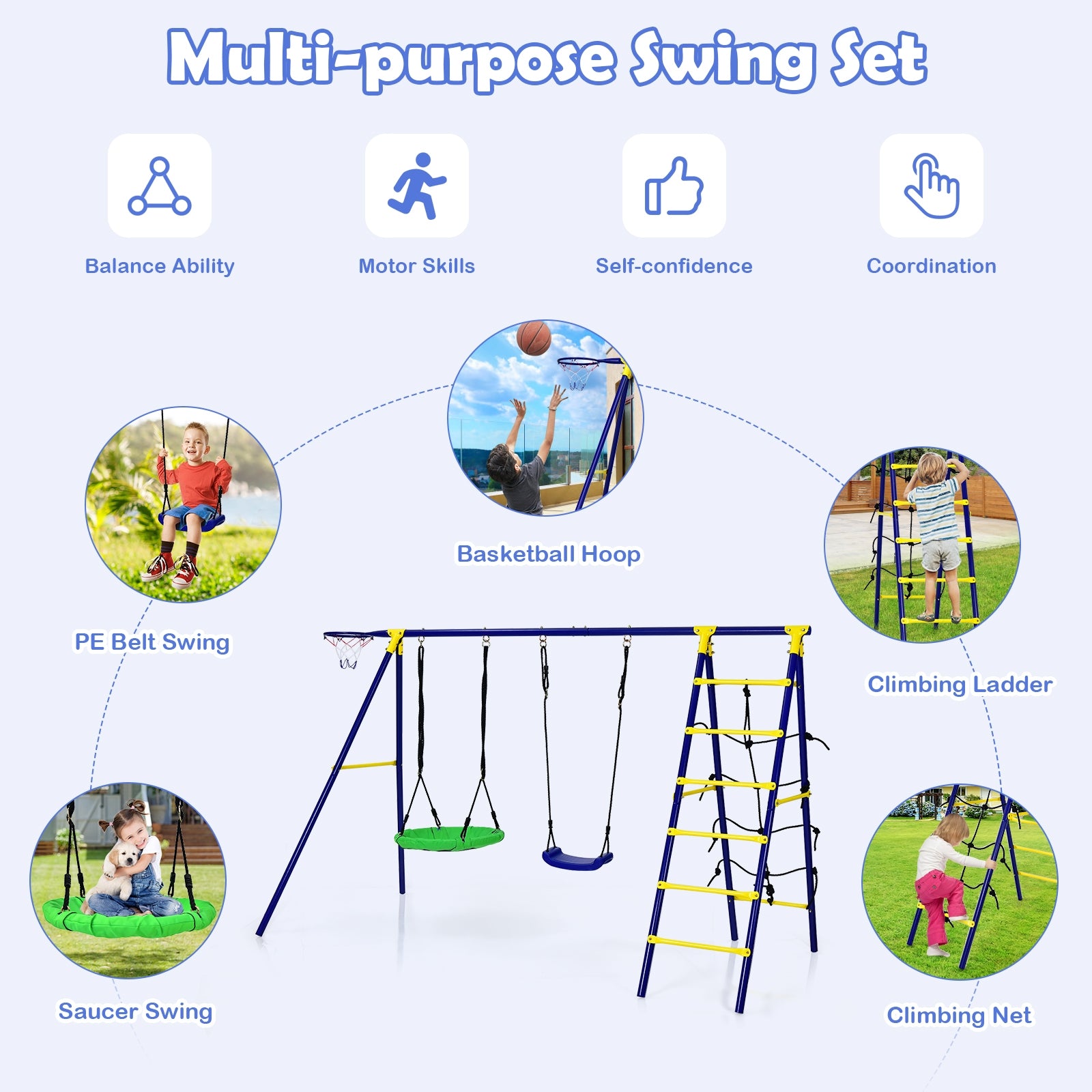 5-In-1 Outdoor Kids Swing Set, Metal Frame, Ground Stake, Blue Swing & Playsets at Gallery Canada